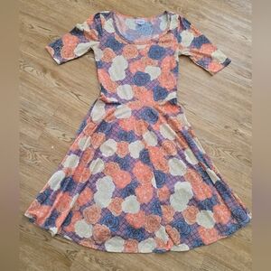 LuLaRoe Nicole Midi Dress with Orange, Cream, and Blue Floral Pattern